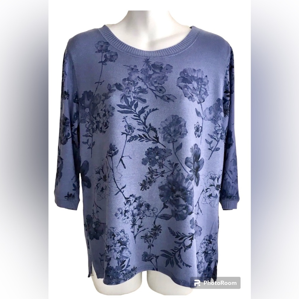 Sonoma Blue Floral Pattern Crew Neck Knit Top 3/4 Sleeve Sz PXS